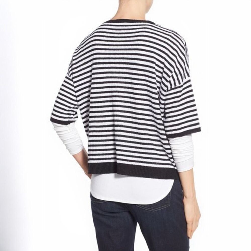 Eileen Fisher Organic Linen Striped Boxy Sweater Top M Black White Round Neck Ov - Picture 2 of 6